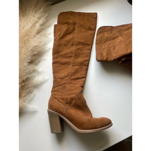 DV Tan Faux Suede Over The Knee Heeled Boots - Picture 3 of 15